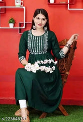 Women's rayon embroidered long kurtas, available in S-XXL for festive or daily wear